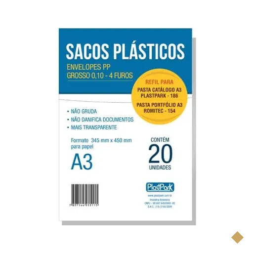 Saco plástico PP A3 4 furos 0,10mm 1511 Plastpark PT 20 UN