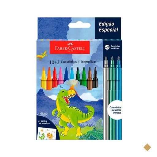 Caneta hidrográfica 10 cores + 3 Dinossauro, Faber-Castell - CX 13 ET
