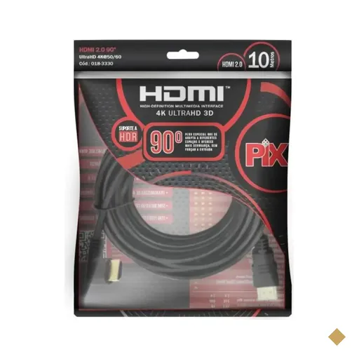 Cabo HDMI 10m v2.0 4K 3D/ULTRA HD (Plug 90 Graus) - PIX