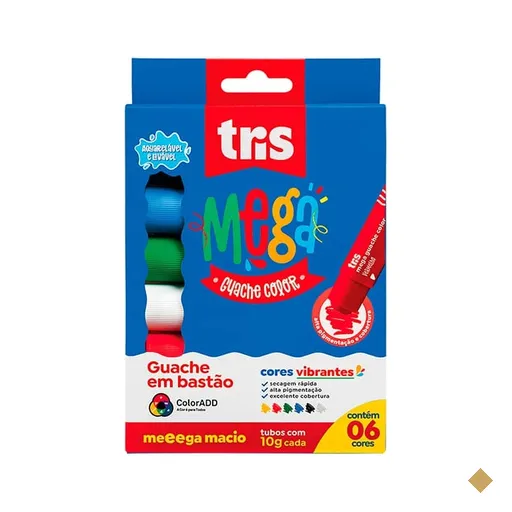 Tinta guache em bastão 6 cores, Mega, 911124, Tris BT 1 UN