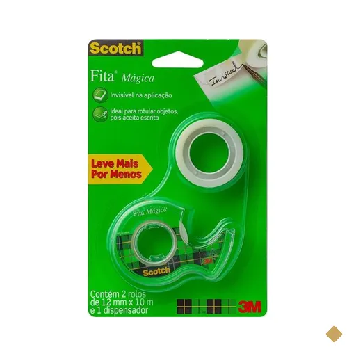 Fita Mágica Scotch com 2 Fitas, Transparente e Suporte, 12mm x 10m, 3M - BT 2…