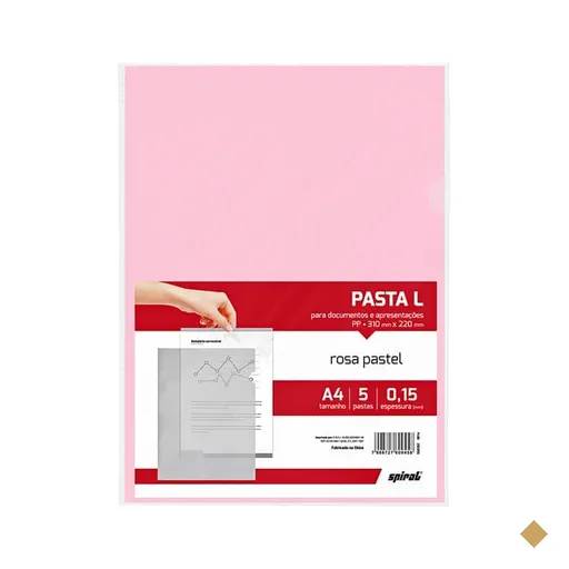 Pasta plástica em L, PP, 0,15mm, A4, Rosa pastel, Spiral - PT 5 UN