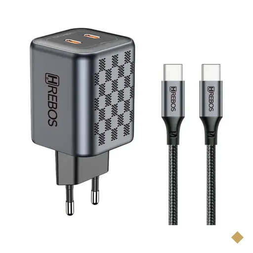 Carregador de Tomada Hrebos Premium Black Chess 2x USB-C 45W, Carregamento…