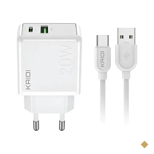 Carregador de Tomada Kaidi 20W USB/USB-C, Carga Rápida, c/ Cabo USB-C, Branco…