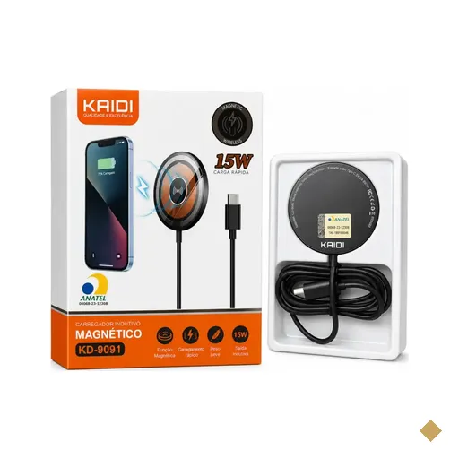 Carregador de Tomada Kaidi Indutivo Magnético 15W, Sem Fio (Qi), Preto -…