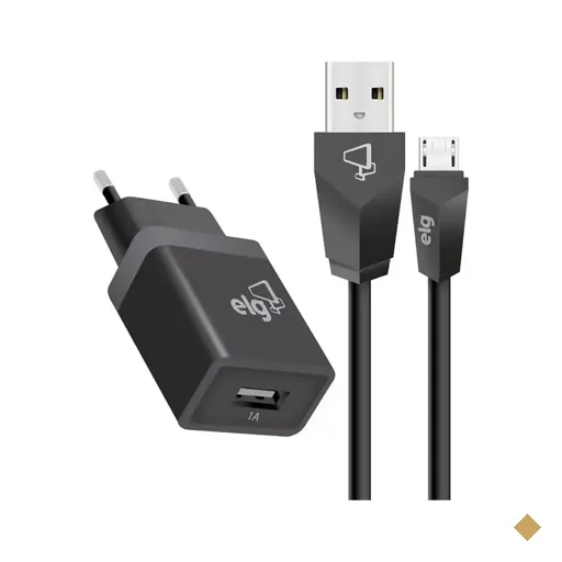 Carregador de Tomada ELG 1x USB-A 12W, c/ Cabo Micro-USB, Preto - KT510WC