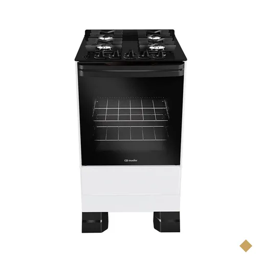 Fogão Mueller 4 bocas Branco com Mesa de Vidro e grades de ferro fundido MFV4BF