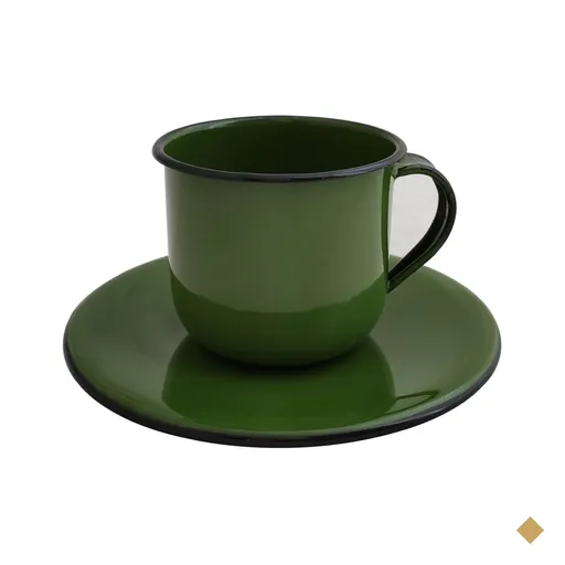 Caneca Esmaltada Xícara Com Pires Para Chá Café 180ml Verde