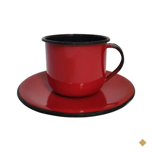 Caneca Esmaltada Xícara Com Pires Para Chá Café 180ml Vermelha