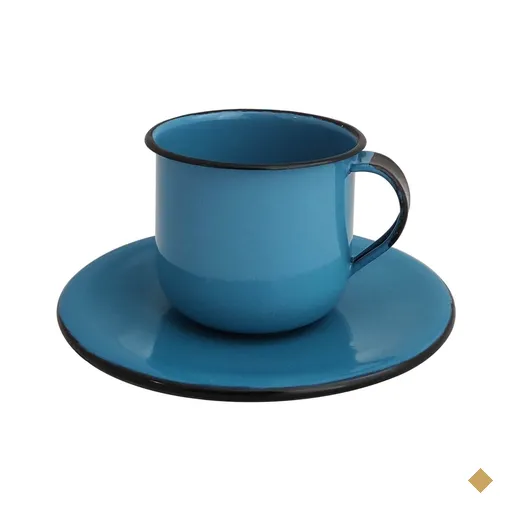Caneca Esmaltada Xícara Com Pires Para Chá Café 180ml Azul