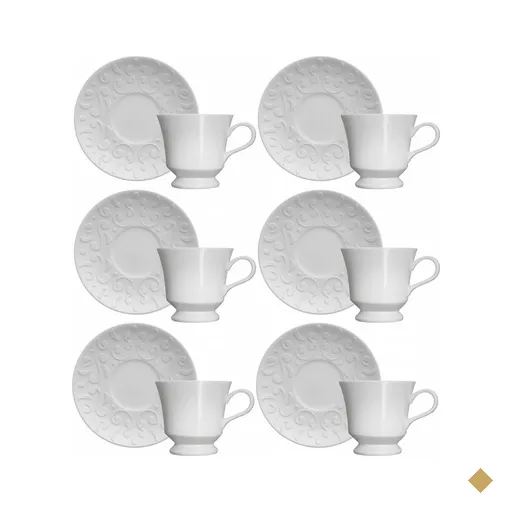 Conjunto 6 Xícaras de Chá com Pires 80ml Porcelana em Relevo Tassel Germer…