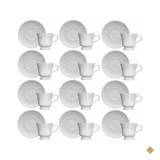 Conjunto 12 Xícaras de Chá com Pires 80ml Porcelana em Relevo Tassel Germer…