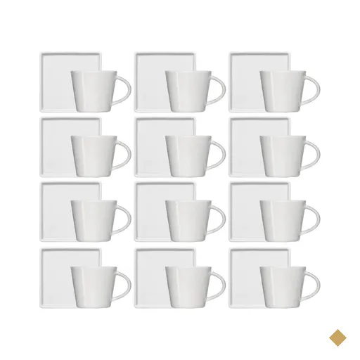 Kit 12 Xícaras de Café 90ml em Porcelana Branca com Pires Quadrado Germer