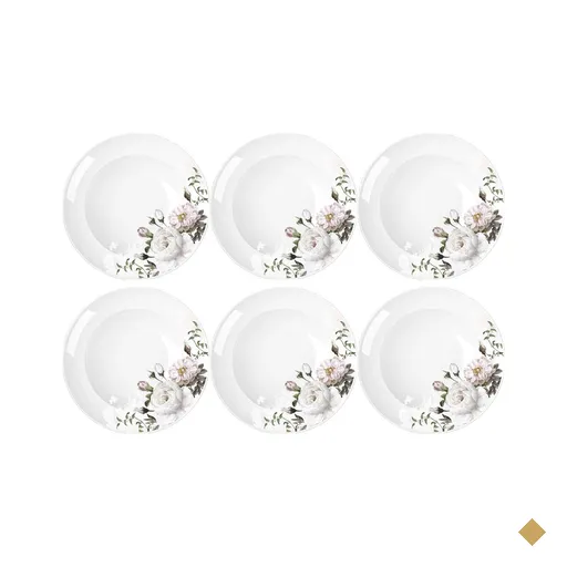 Jogo 6 Pratos de Porcelana com Estampa Floral Germer Fundos Redondos 23cm Garden