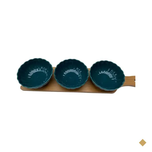 Petisqueira de Bambu com 3 bowls de Porcelana e espatulas AZ