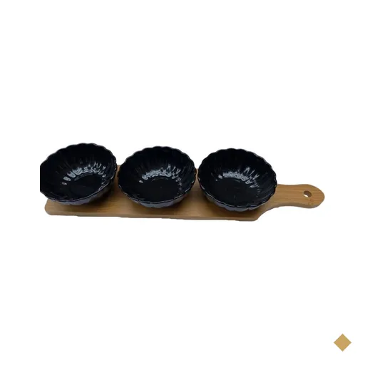 Petisqueira de Bambu com 3 bowls de Porcelana e espatulas PR