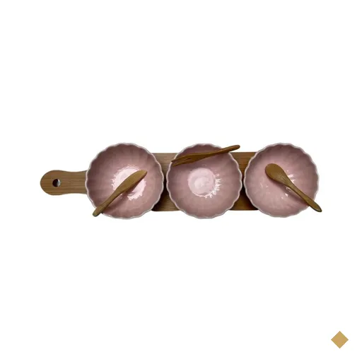 Petisqueira de Bambu com 3 bowls de Porcelana e espatulas RO