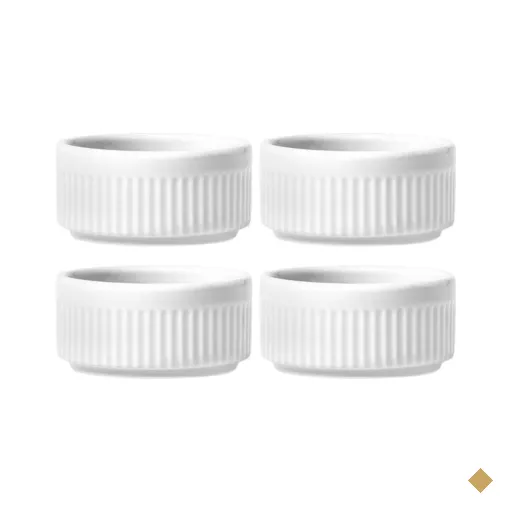 Jogo 4 Ramekins Tigelas Porcelana 130ml Canelado Germer Branco Suflês Molhos