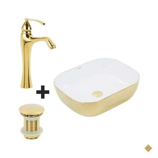 Cuba de Apoio Retangular Dourado + Misturador Dourado + Válvula Click