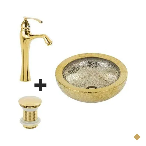 Cuba de Apoio Redonda Dourada + Misturador Dourado + Válvula
