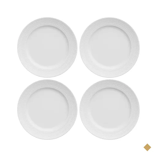 4 Pratos de Sobremesa 21cm em Porcelana Relevo Chevron Germer Branco Redondo