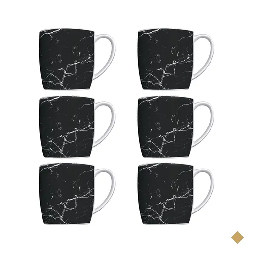 Kit de 6 Canecas P/ Café Jogo Xícaras de Porcelana Preto Nero Marmorizado