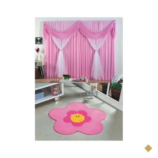 Kit Quarto De Menina Cortina Malha + Tapete Menina Flor Rosa