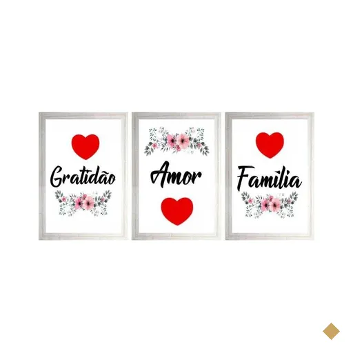 KIT 3PÇ Quadro Decorativo MDF Gratidão Amor Família - Branco