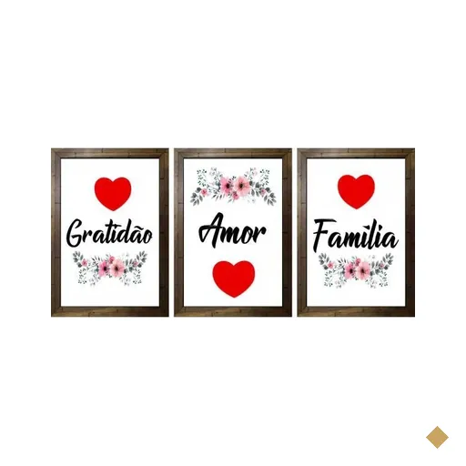 KIT 3PÇ Quadro Decorativo MDF Gratidão Amor Família - Marrom