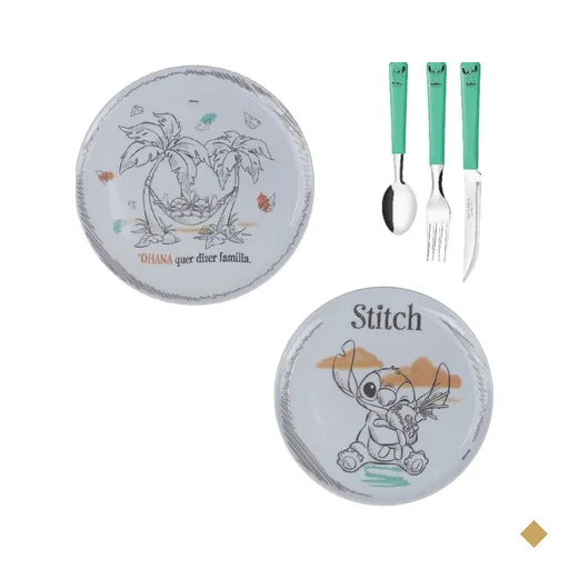 STITCH Refeicao pratos raso e sobremesa e talheres Grande