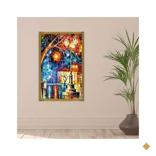 Quadro com Moldura Noite na Praça Dourado - Médio