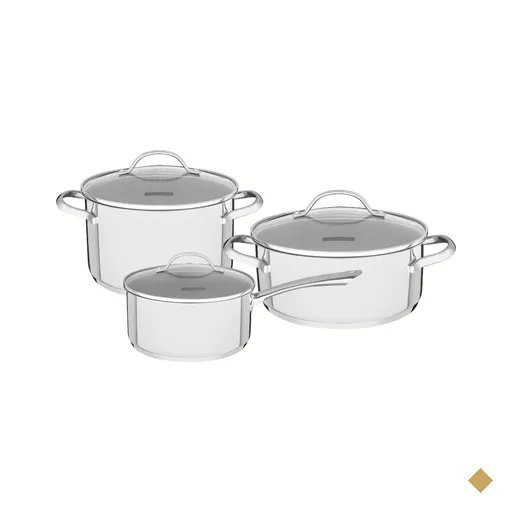 Jogo de Panelas Tramontina Una Aço Inox Fundo Triplo Tampas de Vidro 3 Peças