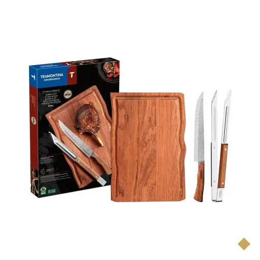 Kit para Churrasco Tramontina em Aço Inox e Madeira com Tábua 3 Peças
