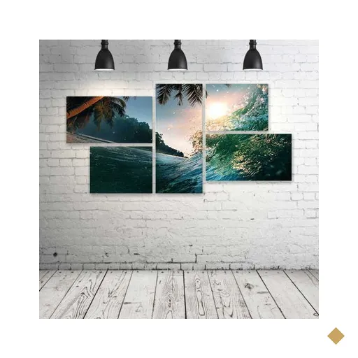 Quadro Decorativo - Wave-Ocean-Palms - Composto de 5 Quadros