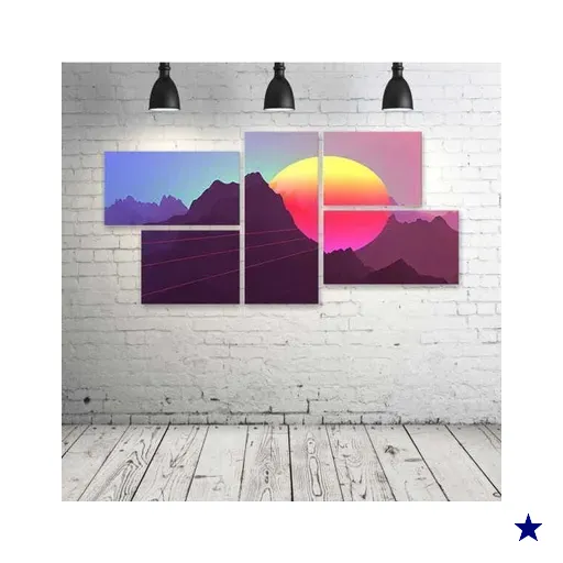 Quadro Decorativo - Retrowave--Dimensional-Artwork-Neon - Composto de 5 Quadros