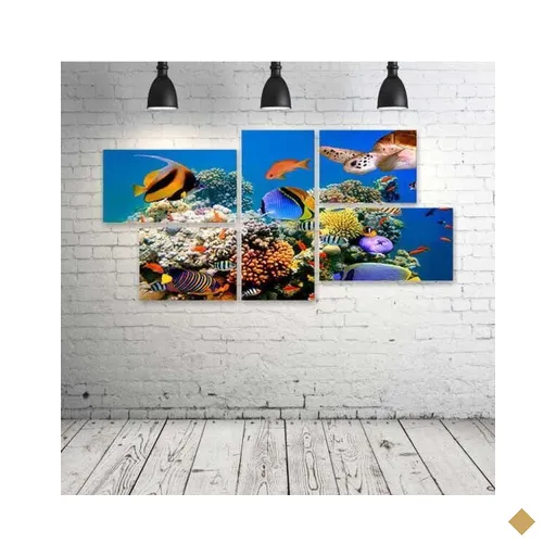 Quadro Decorativo - Underwater-World-Fish-Turtles-Corals - Composto de 5 Quadros