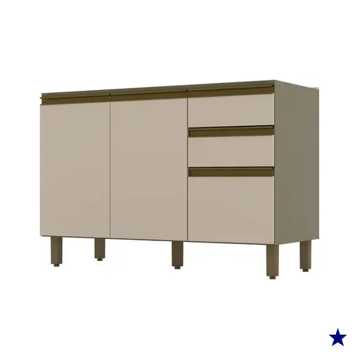 Balcão para Pia 120 cm em MDF Henn Connect, 2 Portas, 3 Gavetas - C66