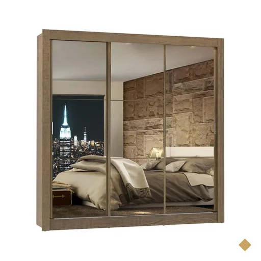 Guarda Roupa Casal Madesa Lyon 3 Portas de Correr de Espelho 2 Gavetas