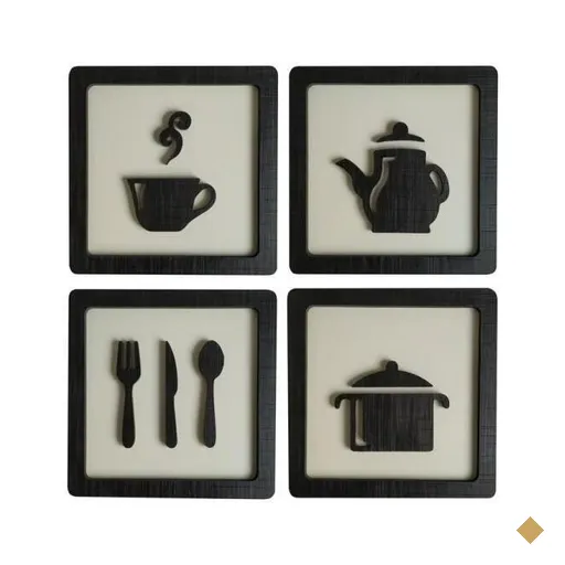 Kit 4 Quadros Cozinha 21Cm Xícara,Bule,Talher: Preto Branco