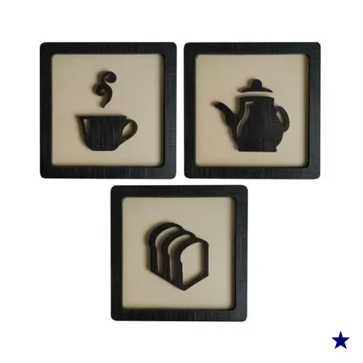 Kit 3 Quadros Cozinha 21Cm Xícara, Bule, Torrada:Preto Bege