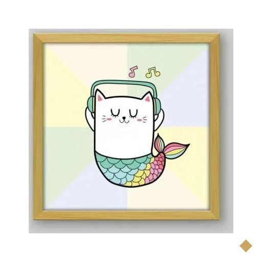Quadro Infantil Gato Sereia - 40x40cm - Moldura Caixa Madeira