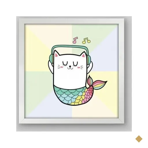 Quadro Infantil Gato Sereia - 60x60cm - Moldura Caixa Branco