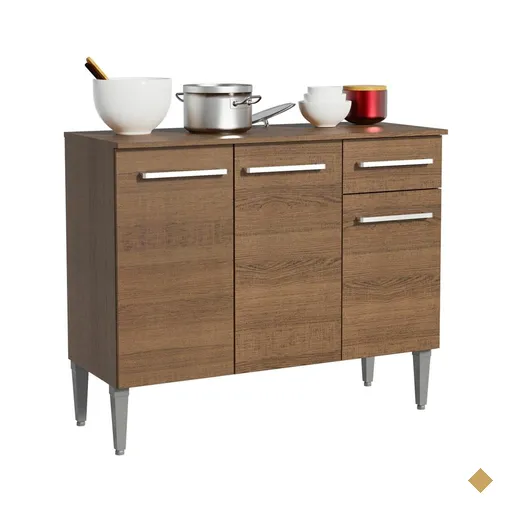 Balcão Gabinete Armário de Cozinha 3 Portas e 1 Gaveta Rustic Emilly Madesa