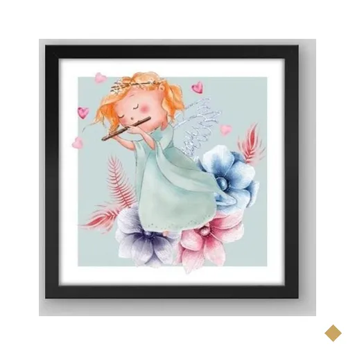 Quadro Infantil Anjo Aquarela - 60x60cm - Moldura Caixa Preto