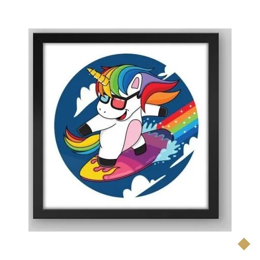 Quadro Infantil Surf Unicórnio - 40x40cm - Moldura Caixa Preto