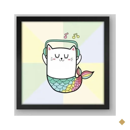 Quadro Infantil Gato Sereia - 20x20cm - Moldura Caixa Preto
