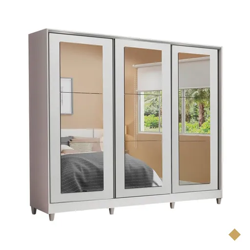 Guarda-Roupa Casal Madesa Eros 3 Portas de Correr de Espelho com Pés - Branco
