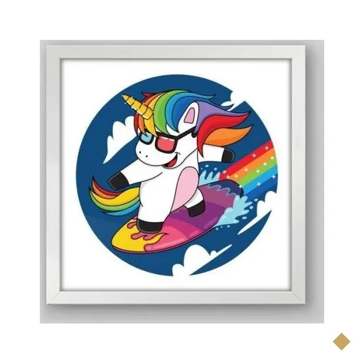 Quadro Infantil Surf Unicórnio - 30x30cm - Moldura Caixa Branco