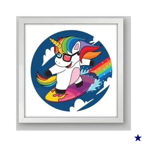 Quadro Infantil Surf Unicórnio - 40x40cm - Moldura Caixa Branco