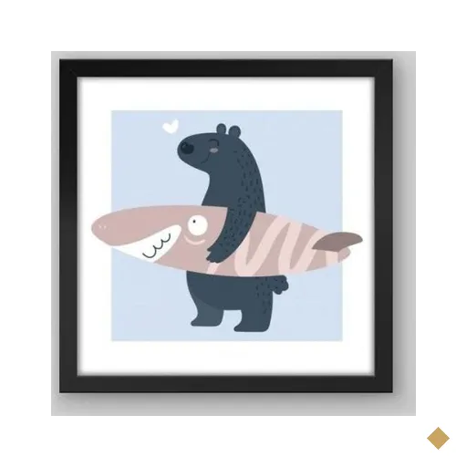 Quadro Infantil Urso Surfista - 30x30cm - Moldura Caixa Preto